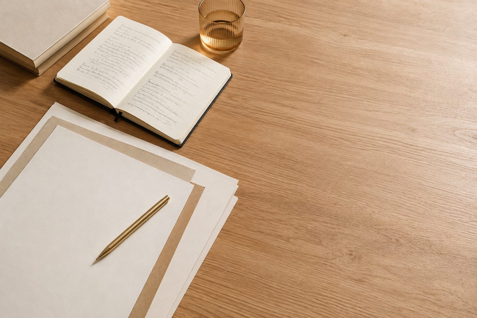 Mesa de trabalho com documentos dispostos lado a lado e caderno de anotações