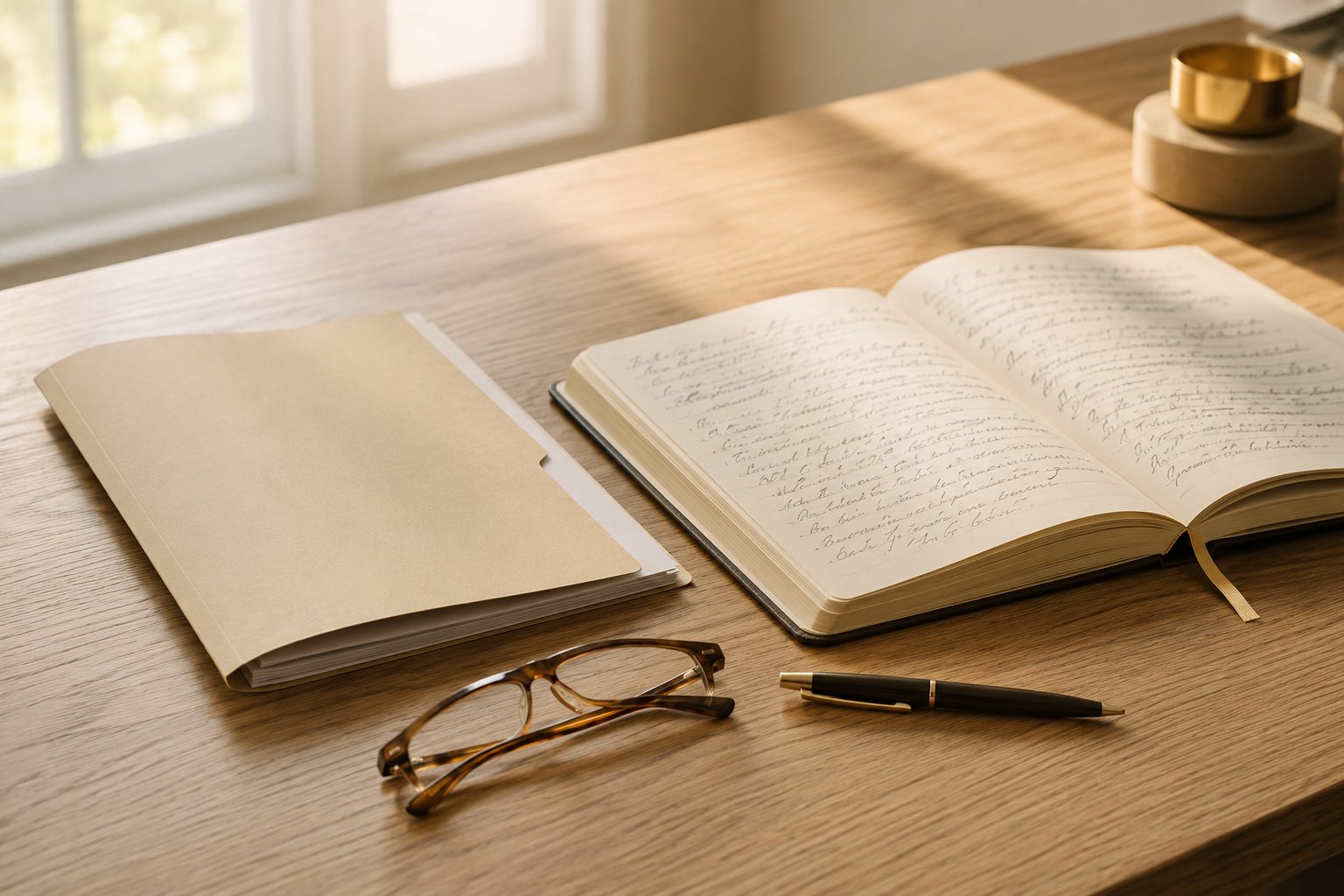 Mesa de trabalho com pasta de documentos, caderno de anotações e óculos